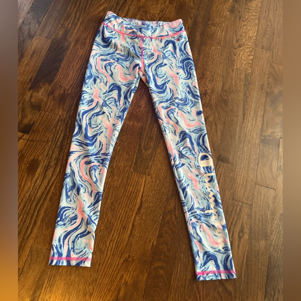 Champion Girls Marble-Print Athletic leggings in Pink & Blue